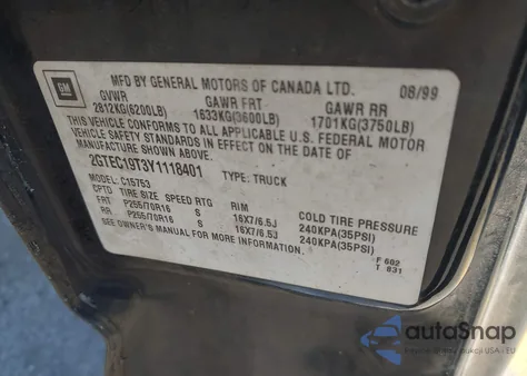 2000 GMC Sierra 1500 Sle from USA, damaged, VIN 2GTEC19T3Y1118401